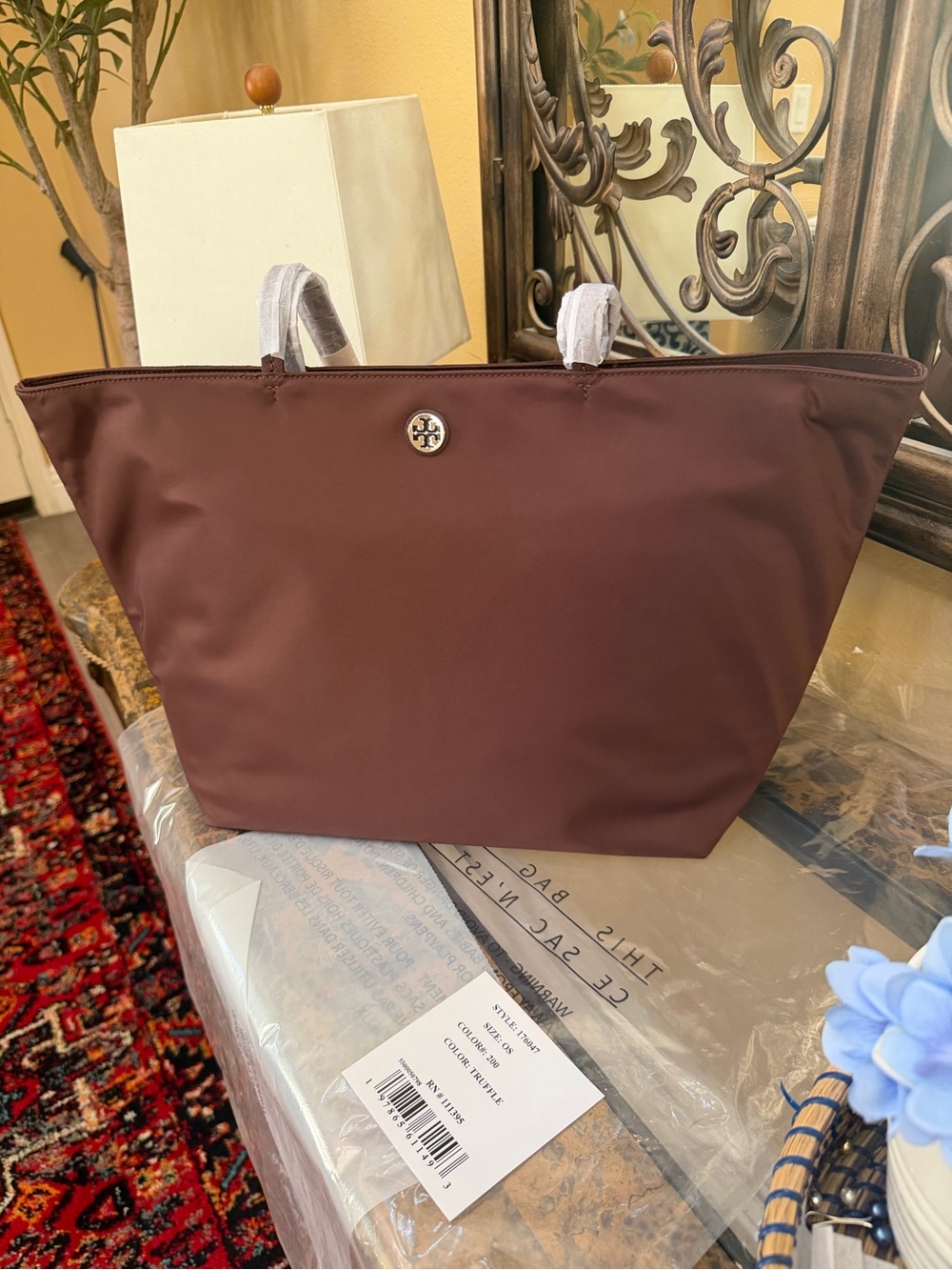 Tory Burch Brown Large Nylon Tote with Logo Medallion